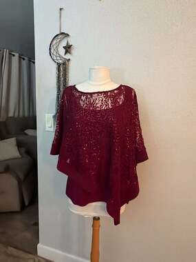 R&M Richards Women's Sequined Lace Overlay Poncho Top L
